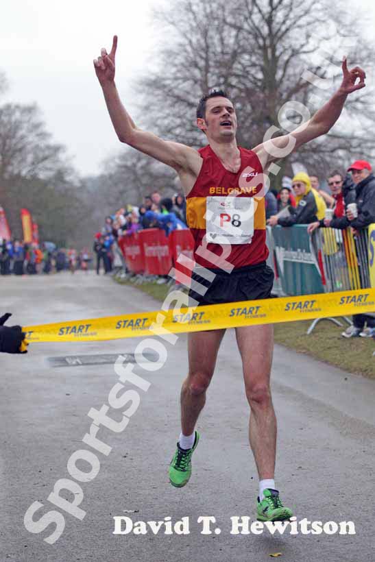 Neil Speight brings Belgrave Harriers home to victory in the National Mens 12 Stage Relay.